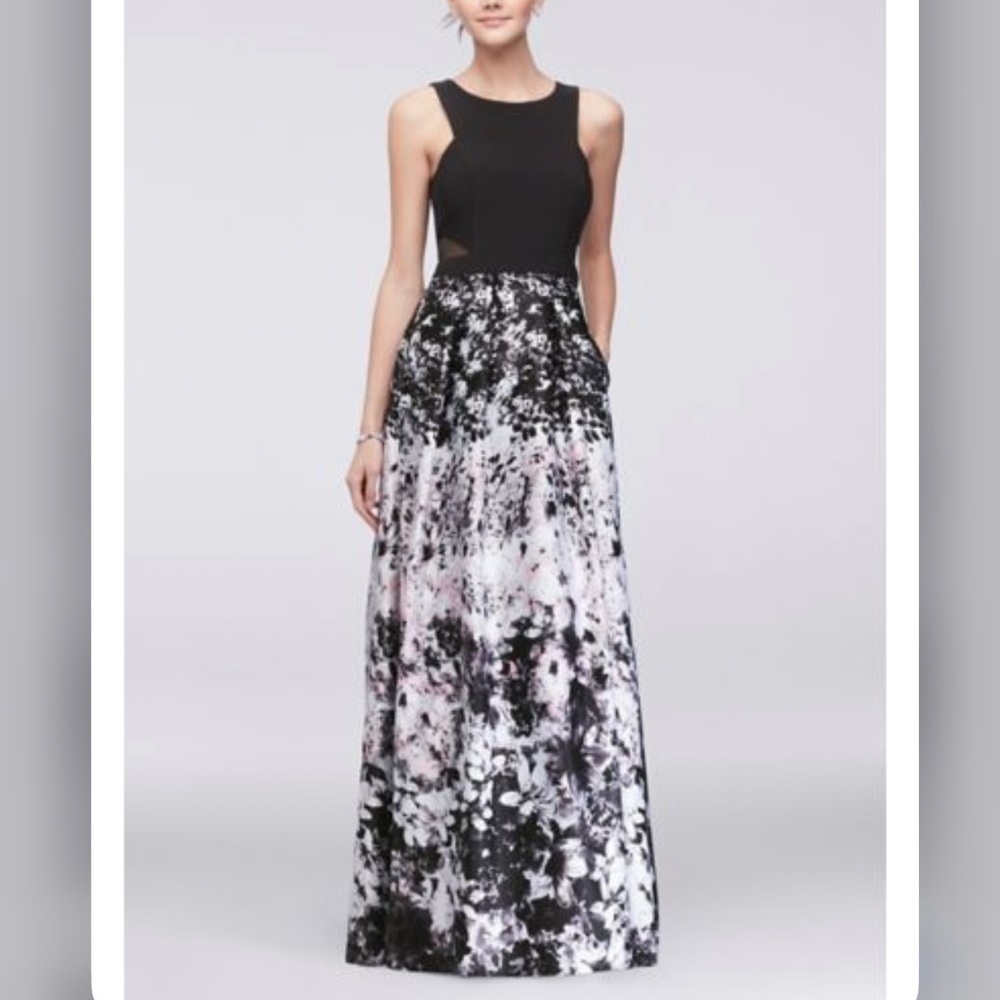 XSCAPE Maxi Sleeveless Dress Floral Mesh Inserts Lined Size 2 Women’s Pockets